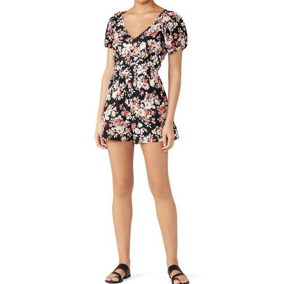 Louna Black Floral Puff Sleeve Romper Size S - Picture 1 of 8